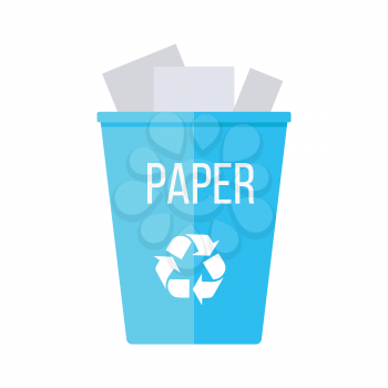 Blue recycle garbage bin with paper. Reuse or reduce symbol. Plastic recycle trash can. Trash can icon in flat. Waste recycling. Environmental protection. Vector illustration.