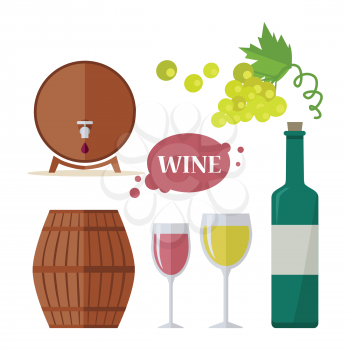 Wine consumption icon set. Collection of glasses, grapes, bottle, barrels. Check elite vintage strong red and white vine. Part of series of viniculture production and preparation items. Vector