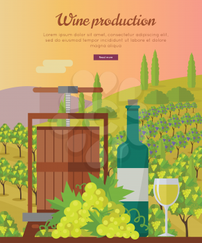 Wine production banner. Bottle of wine, beaker, vineyard, wooden barrel, with grape valley on background. Creative advertisement poster for white wine. Part of series of viniculture preparation. Vecto