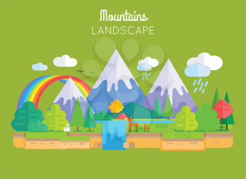 Mountains landscape vector. Flat style. Illustration of nature with snow-capped peaks, animals, trees, waterfall, rainbow, clouds. Banner for environmental, ecological concepts and web page design.  