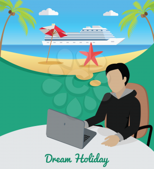Dream holiday. Man sitting on chair at the table dreaming about good rest. Boy at work witl laptop. Endless work seven days a week. Part of series of work at the office. Vector illustration