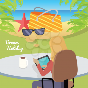 Dream Holiday. Woman sitting on chair with gadget and dreaming about rest. Back view. Women at work. Endless work seven days a week. Working moments. Part of series of work at the office. Vector