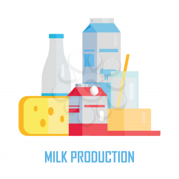 Milk production concept vector. Flat design. Set of traditional dairy products as milk, cheese, yogurt, butter, sour cream. Illustration for farm, grocery store ad, prints, icons, logo, web design   