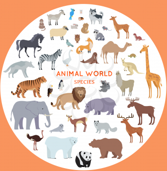 Set of animal species vector. Flat style. Big collection of mammals of different geographical latitudes and continents. Wild and domestic herbivores, predators, birds illustrations. Isolated on white.