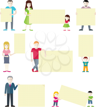 Set of people with blank white banners in various action. Man, woman, boy and girl holding blank banners. Space for text. People message. Flat vector illustration on white background.