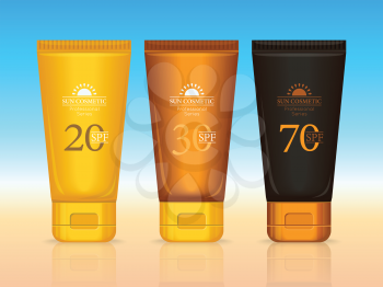 Set of sun cosmetics professional series. Suntan creams 20 SPF, 30 SPF, 70 SPF. Sunscreen protection. Cosmetic container cream icons in flat style. Part of series of decorative cosmetics items. Vector