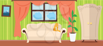 Apartment interior concept vector. Flat style. Room view with cat on sofa, plant in pot, window curtains, wardrobe, picture on the wall. Home cosiness, and comfort living place illustrating