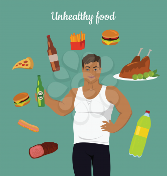 Unhealthy food consumption. Man before weight loss. Fat young man around junk food. Person with big belly prefers unhealthy food. Part of series of promotion healthy diet and good fit. Vector