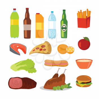 Healthy and unhealthy food. Editable food icons of healthy and junk food isolated on white. Drinks and beverages. Part of series of promotion healthy diet and good fit. Vector illustration