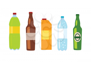 Beverages isolated white. Set of drinks in bottles and packs. Healthy and junk drinks. Alcoholic and nonalcoholic beverages. Part of series of promotion healthy diet and good fit. Vector illustration