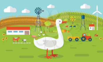 Farmyard vector illustration. Flat design. Goose standing against the farm landscape, tractor, cow, fields on background. Organic farming concept. Traditional agriculture. Modern ecological farm.   