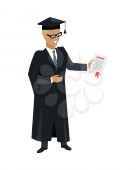 Person in mantle gown and academic square cap isolated on white background. Student graduated from university. Magister. Highschool level of education. Part of series of lifelong learning. Vector