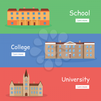 Set of school, college and university banners. Brown building with brown roof. Three-storey building. Building icon. Simple drawing. Vector illustration in flat. Education banner set
