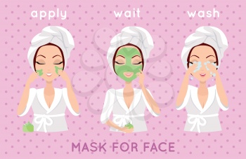 Mask for face. Girl applying a face smask for a few minutes to eliminate dead skin cells. Woman instruction how to make up correctly. Girl cares about her look. Part of series of ladies face care. Vec