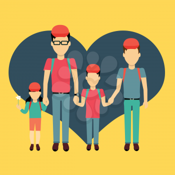 Happy family homosexual concept banner design flat style. Young family gay man with a son and daughter on a travel. Father with child happiness lifestyle, vector illustration