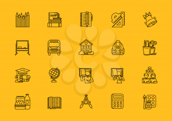Set of school thin, lines, outline, strokes icons. Items for school study, pencil, bag, breakfast, dividers, globe student, bell black on yellow background. For web and mobile applications 