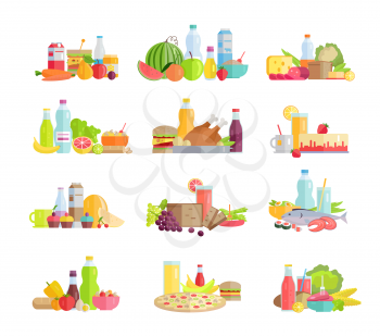 Collection of food concepts. Sets with fruits, vegetables, meat, sweets, beverages, bread, pizza, salads, sandwiches, milk products for farming grocery shop food delivery cafe menu illustrating