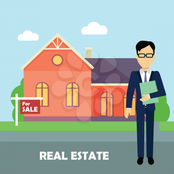 Real estate realtor on the background of red house with purple roof. Real estate agent, house building, property home, realtor and rent, sale housing, buy apartment. Real estate concept.