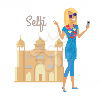 Summer vacation in India concept. Journey in exotic countries vector illustration. Selfie on the background of famous historical monuments. Young woman taking pictume near asian building. Flat Design.