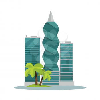 Panama-city buildings vector illustration. Skyscrapers in Panama capital. Modern architecture concept with palm trees in flat style design. F F Revolution tower. Isolated on white background.