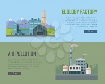 Ecology factory and air pollution banners. Factory building with pipes in flat. Factory building with pipes on nature mountain landscape. Power plant smokestacks emitting smoke over urban cityscape