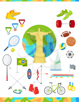 Set of icons devoted to summer sport games in Brazil. Gold medal event. Worldwide sport competition in Latin America. Brazilian championship. Rio de Janeiro. Sport equipment and flag. Vector