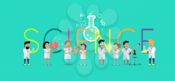 Science conceptual vector. Flat design. Human characters in white gowns with scientific instruments. Picture for education sources ad, laboratory research, illustrating, infographics, web design.