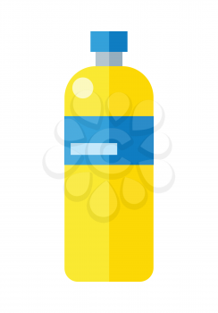 Yellow plastic bottle with blue label. Illustration of bottle of mineral water. Plastic bottle icon. Retail store element. Simple drawing. Isolated vector illustration on white background.