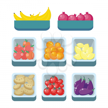 Bananas pomegranates tomatoes oranges lemons potatoes apples and eggfruits in trays isolated. Grocery store assortment, healthy nutrition. Part of series of fruits and vegetables in flat style. Vector