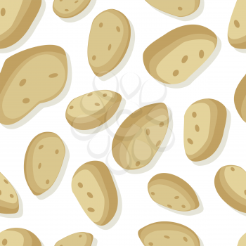 Potatoes seamless pattern. Ripe brown potatoes. Potato background. Vegetable product. Healthy food element. Vector illustration. Seamless pattern on white background.