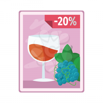 Discount on alcohol concept vector. Flat style. Poster with glass of wine, grape and interest discounts illustration for beverages concepts, grocery store ad, infograqphic element. Isolated on white.