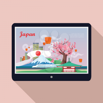 Japan landmark on tablet screen. Welcome to Japan. Japan tourism poster design with attractions. Japan travel poster design in flat with long shadow. Travel composition with famous landmarks.