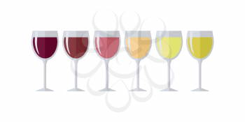 Glasses with different types of wine. Degustation or tasting. Check elite vintage strong vine. Winemaking concept. Vine icon or symbol. Part of series of viniculture production items. Vector