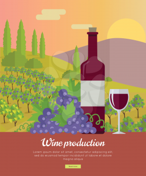 Wine production banner. Bottle of wine, beaker, vineyard, wooden barrel, with grape valley on background. Creative advertisement poster for red wine. Part of series of viniculture preparation. Vector