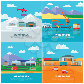 Warehouse worldwide design flat. Logistics container shipping and distribution. Transportation by water in the mountains in the desert and in the snow. Loading and unloading boxes. Vector illustration