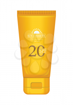 Sun cream professional series. Solar defence. Orange plastic tube for cosmetics on white background. Product for body and skin care, beauty, health, freshness, youth, hygiene. Realistic illustration