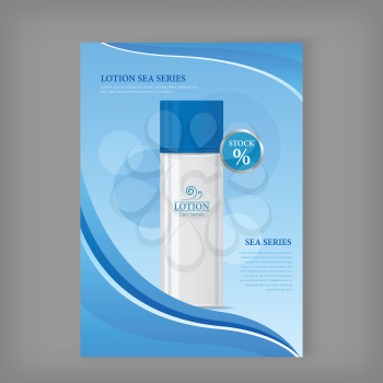 Lotion sea series bottle isolated. Discount banner. Cosmetic product flasks with logo or symbol on the nameplate. Reservoir with label. Part of series of decorative cosmetics items. Vector