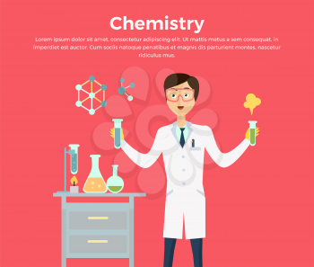 Chemistry banner concept flat style. Scientist chemist in a laboratory flask in hands holds a science experiment isolated on a red background. Technology research and experiment. Vector illustration