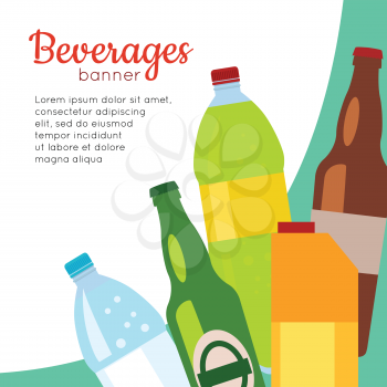 Beverages banner. Set of drinks in bottles and packs. Healthy and junk drinks. Alcoholic and nonalcoholic beverages. Part of series of promotion healthy diet and good fit. Vector illustration