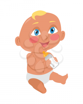 Baby sitting on the floor with a bottle. New born child. Education of a child during the first year. Parenthood concept. Nursery, education at home. Part of series of lifelong learning. Vector