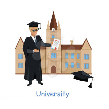 University building isolated on white in flat style. Modern building for students. Higher educational level. Person in mantle gown standing near by. Part of series of lifelong learning. Vector