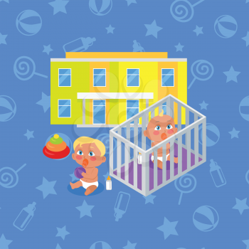 Kindergarten building isolated. Boy and girl playing near by. Modern building for children. Preschool kids education. Parenthood concept. Nursery. Part of series of lifelong learning. Vector