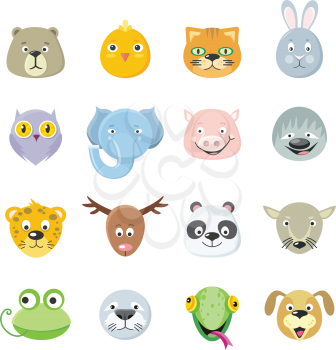 Collection of cute face animal. Animal head icon set. Cartoon animal head collection. Forest animal portrait flat icons set. Isolated object in flat design on white background. Vector illustration.