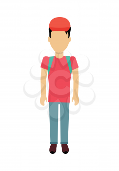 Male character without face with backpack vector in flat design. Man template personage illustration for travel concepts, mobile app pictogram, logos, infographic. Isolated on white background.