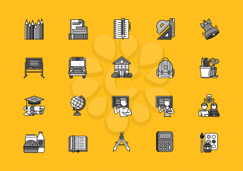 Set of school thin, lines, outline, strokes icons. Items for school study, pencil, bag, breakfast, dividers, globe student, bell black on yellow background. For web and mobile applications 