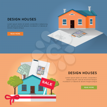 Set of real estate vector horizontal web banners. Flat style. Designing, buying and selling a new place for living. Illustration for real estate, building, engineering company web page design.