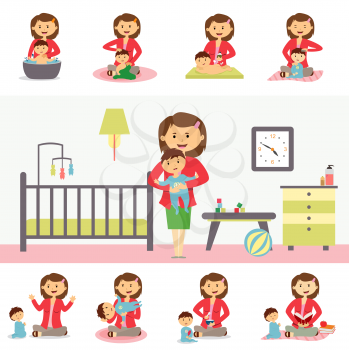 Motherhood and family concept vector. Flat Design. Young woman playing, bathes, feeding, reading with his son. Babysitting job illustrating. Set of baby life moments. Mother s leisure with baby.