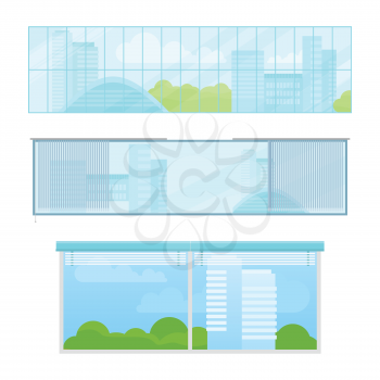 Set of windows vector illustrations in flat style. Different types and forms of house windows. City view from panoramic window in office or apartment. Isolated on white background.