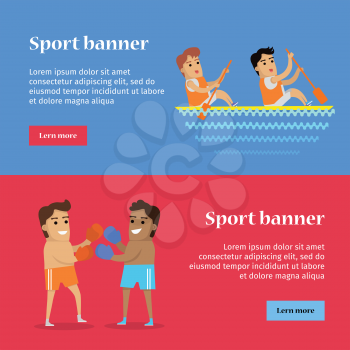 Boxing and canoe rowing sports banners. Two man in sports shorts and boxing gloves. Two man in sports uniform rowing in canoe on river. Species of event. Summer games background.