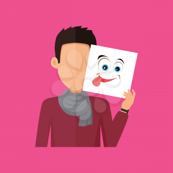 Man character avatar vector. Flat style. Brunet male portrait with joy, fun, foolery, playfulness, gaiety, emotional mask. Illustration for identity in Internet, mood concepts, app icons, infographic